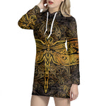 Gold Boho Dragonfly Print Pullover Hoodie Dress