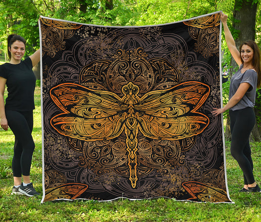 Gold Boho Dragonfly Print Quilt