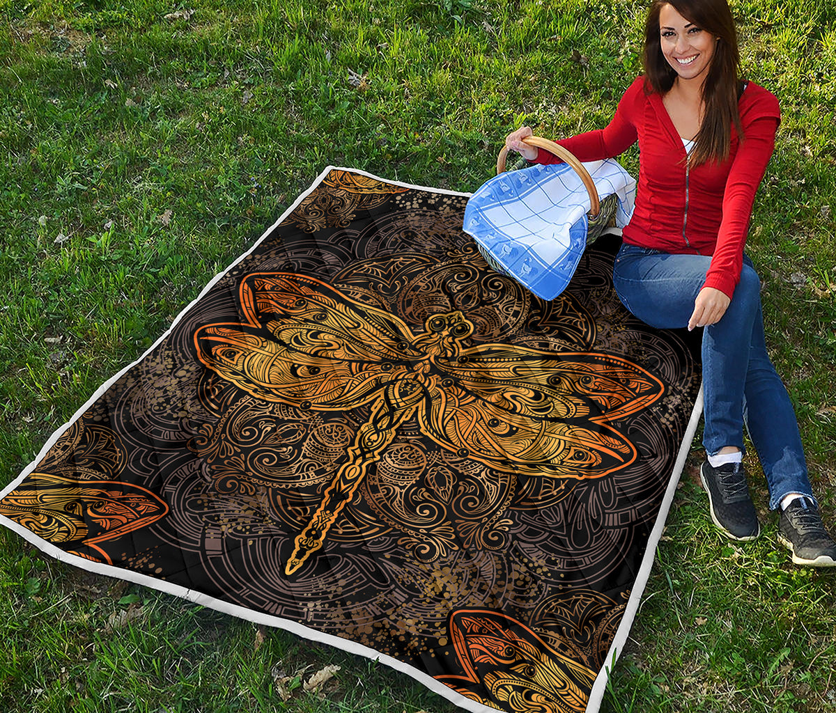 Gold Boho Dragonfly Print Quilt