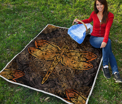 Gold Boho Dragonfly Print Quilt