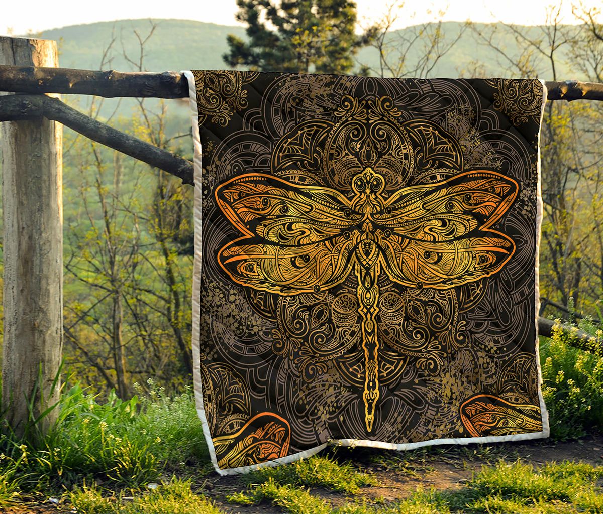 Gold Boho Dragonfly Print Quilt