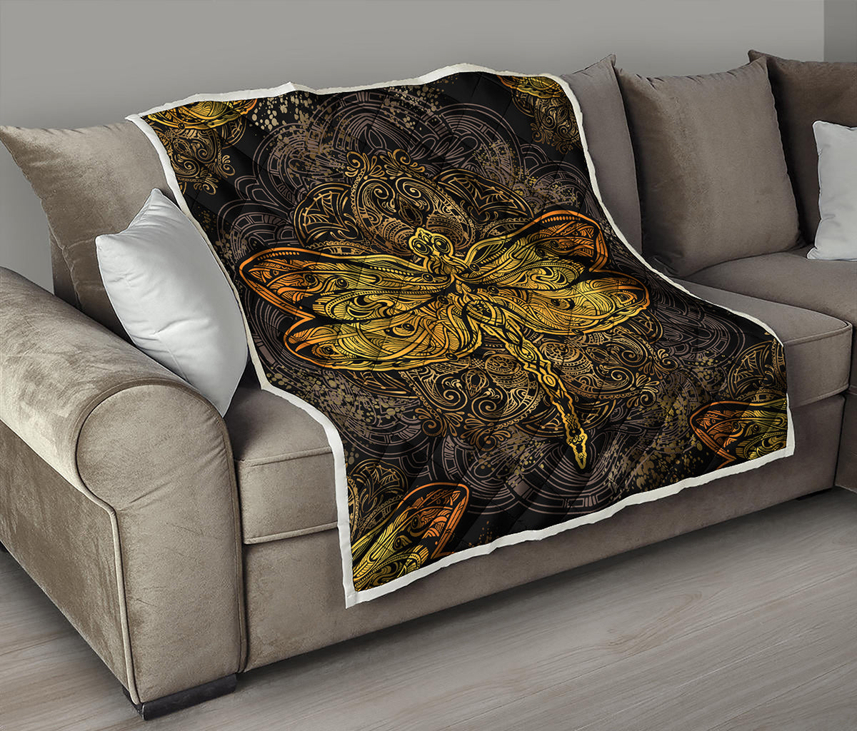Gold Boho Dragonfly Print Quilt