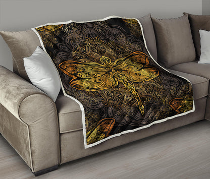 Gold Boho Dragonfly Print Quilt