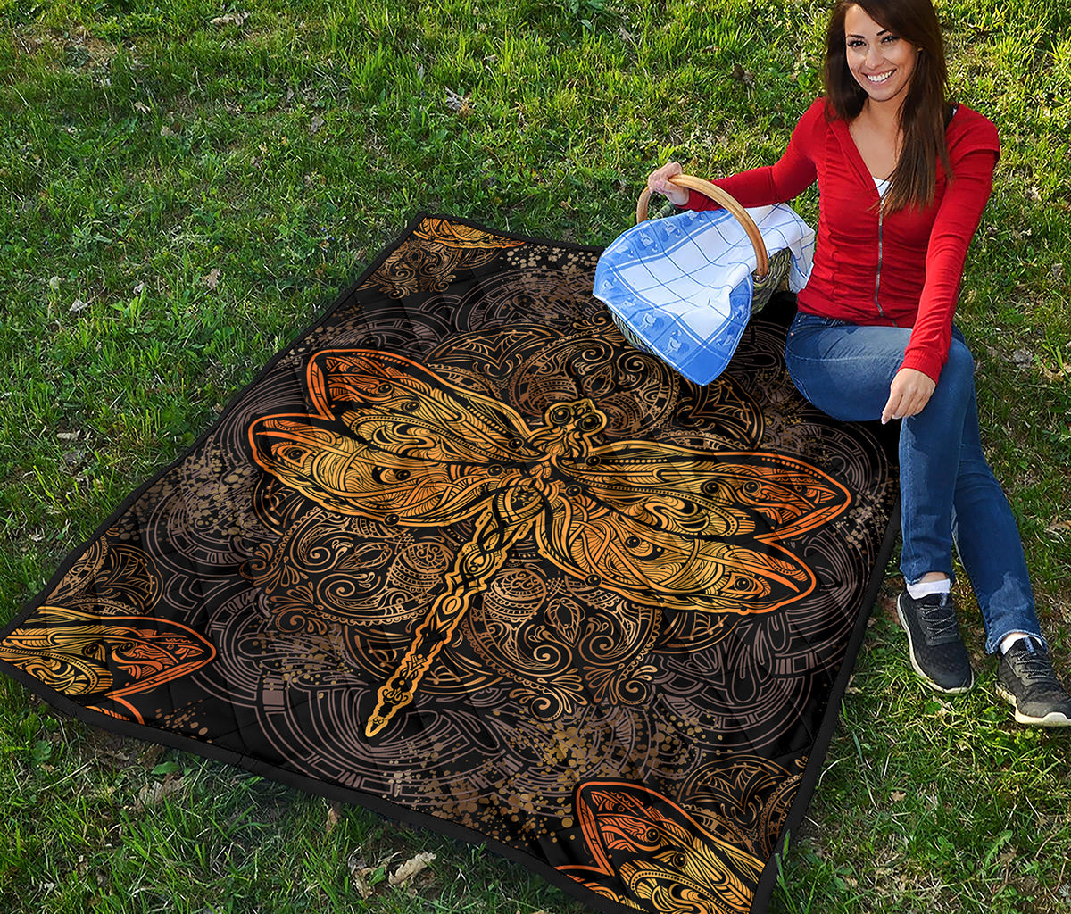 Gold Boho Dragonfly Print Quilt
