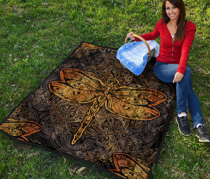 Gold Boho Dragonfly Print Quilt