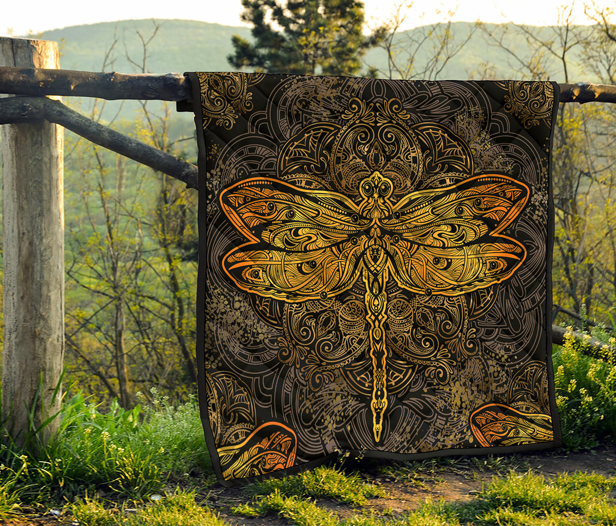 Gold Boho Dragonfly Print Quilt
