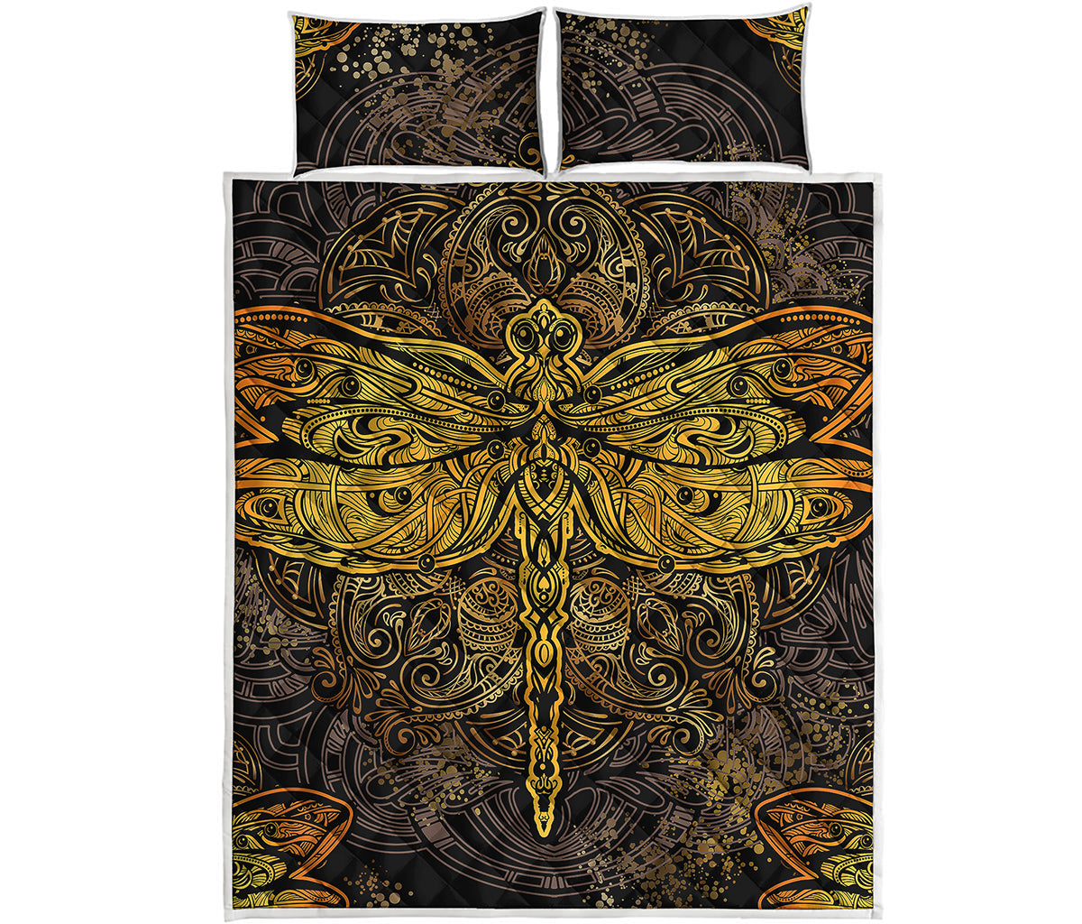Gold Boho Dragonfly Print Quilt Bed Set