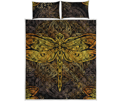 Gold Boho Dragonfly Print Quilt Bed Set