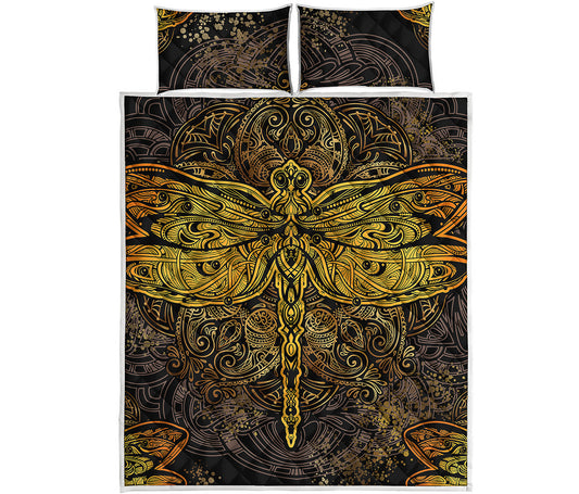 Gold Boho Dragonfly Print Quilt Bed Set