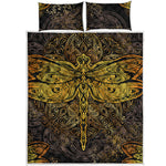Gold Boho Dragonfly Print Quilt Bed Set