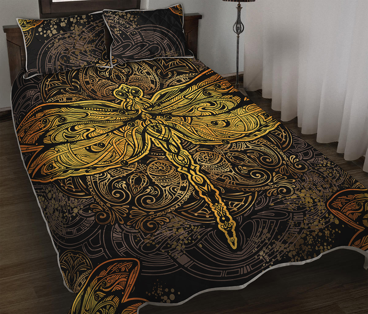 Gold Boho Dragonfly Print Quilt Bed Set
