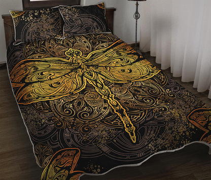 Gold Boho Dragonfly Print Quilt Bed Set