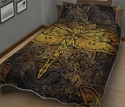 Gold Boho Dragonfly Print Quilt Bed Set