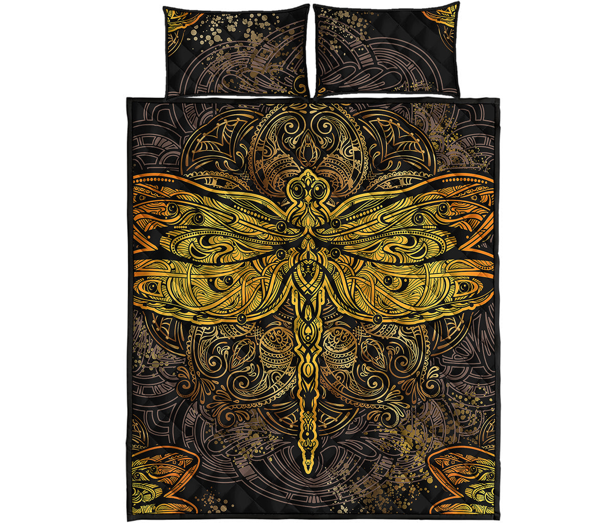 Gold Boho Dragonfly Print Quilt Bed Set