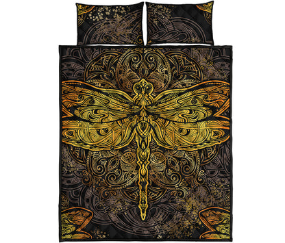 Gold Boho Dragonfly Print Quilt Bed Set