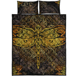 Gold Boho Dragonfly Print Quilt Bed Set