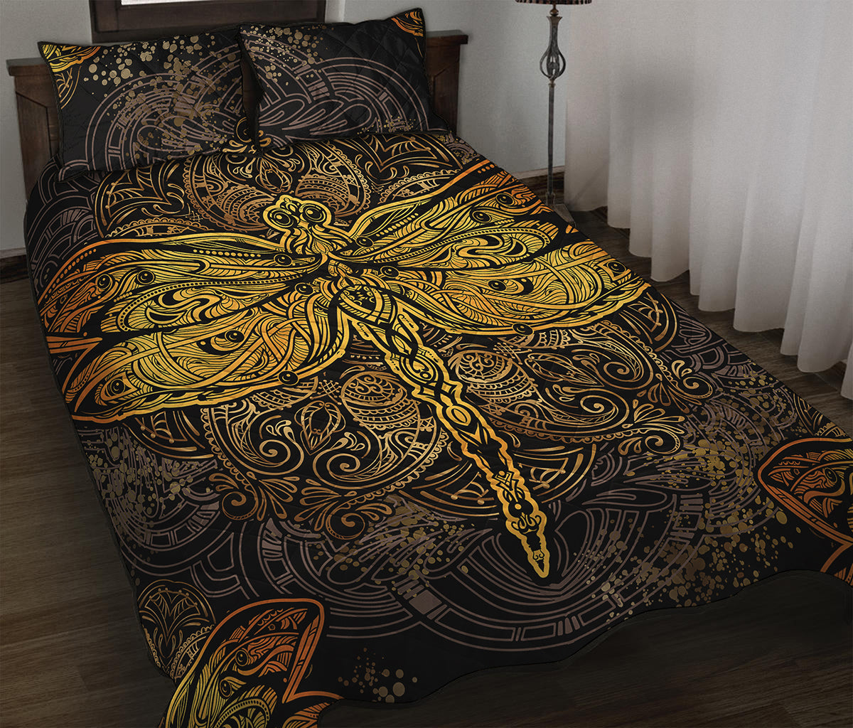 Gold Boho Dragonfly Print Quilt Bed Set