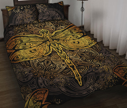 Gold Boho Dragonfly Print Quilt Bed Set