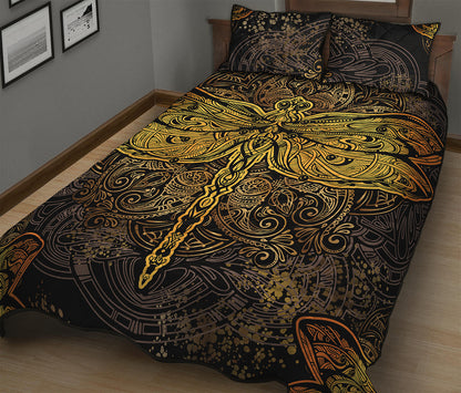 Gold Boho Dragonfly Print Quilt Bed Set
