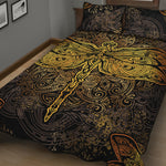 Gold Boho Dragonfly Print Quilt Bed Set