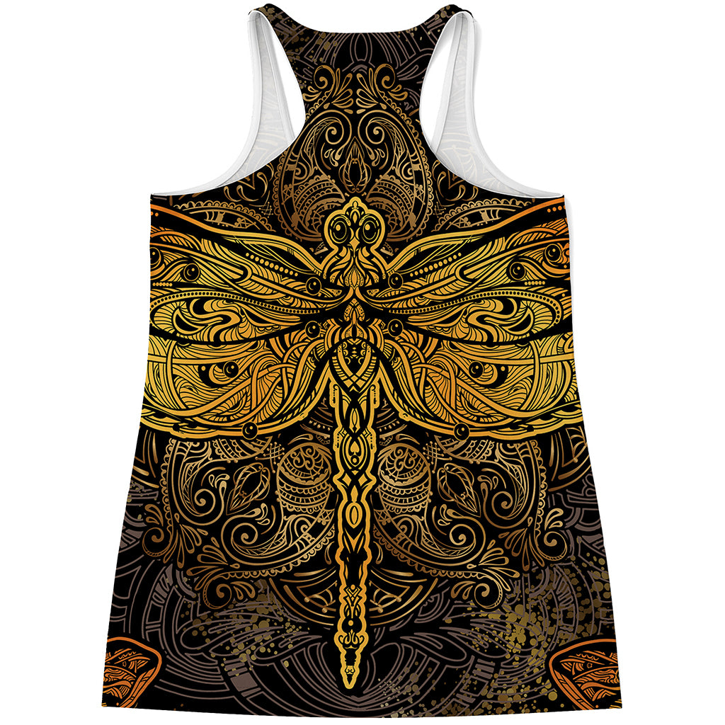 Gold Boho Dragonfly Print Women's Racerback Tank Top