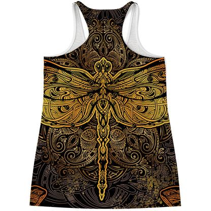 Gold Boho Dragonfly Print Women's Racerback Tank Top