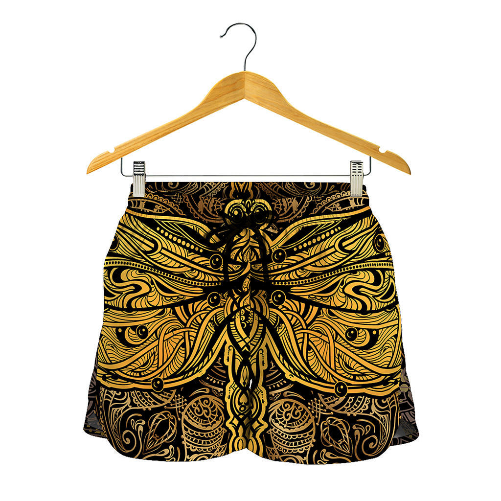 Gold Boho Dragonfly Print Women's Shorts