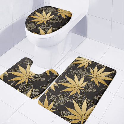 Gold Cannabis Leaf Pattern Print 3 Piece Bath Mat Set