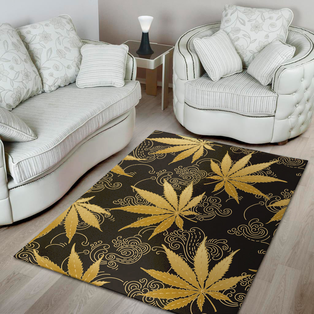 Gold Cannabis Leaf Pattern Print Area Rug