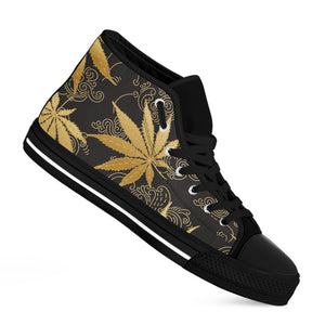 Gold Cannabis Leaf Pattern Print Black High Top Shoes