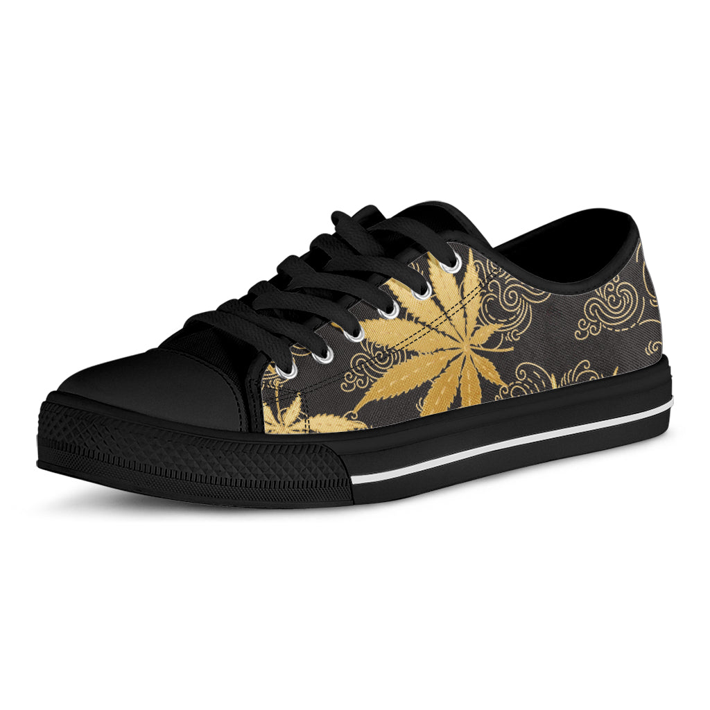 Gold Cannabis Leaf Pattern Print Black Low Top Shoes