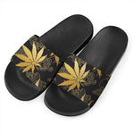 Gold Cannabis Leaf Pattern Print Black Slide Sandals