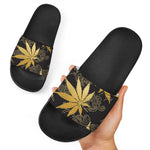 Gold Cannabis Leaf Pattern Print Black Slide Sandals