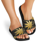 Gold Cannabis Leaf Pattern Print Black Slide Sandals