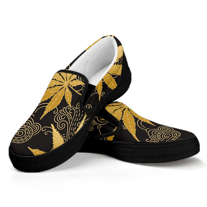 Gold Cannabis Leaf Pattern Print Black Slip On Shoes