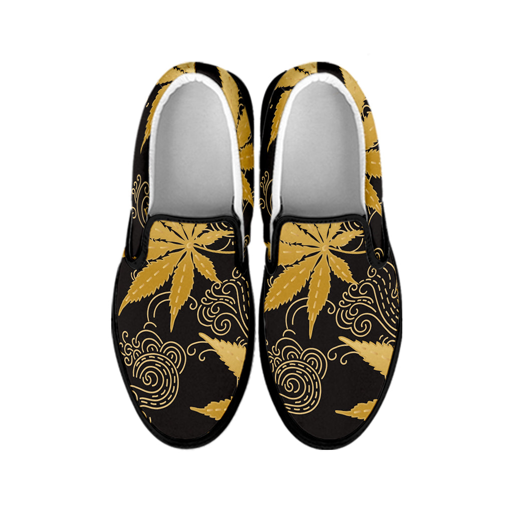 Gold Cannabis Leaf Pattern Print Black Slip On Shoes