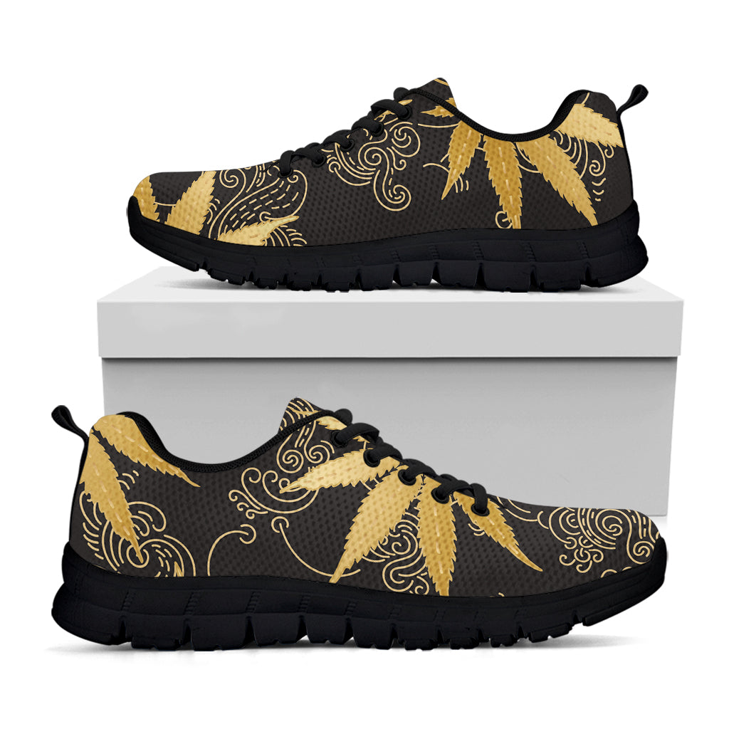 Gold Cannabis Leaf Pattern Print Black Sneakers