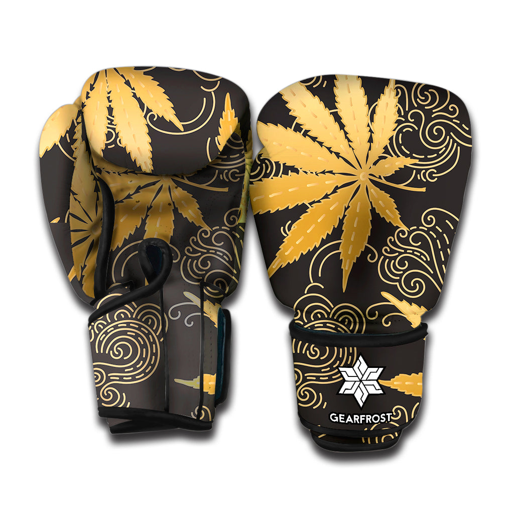 Gold Cannabis Leaf Pattern Print Boxing Gloves