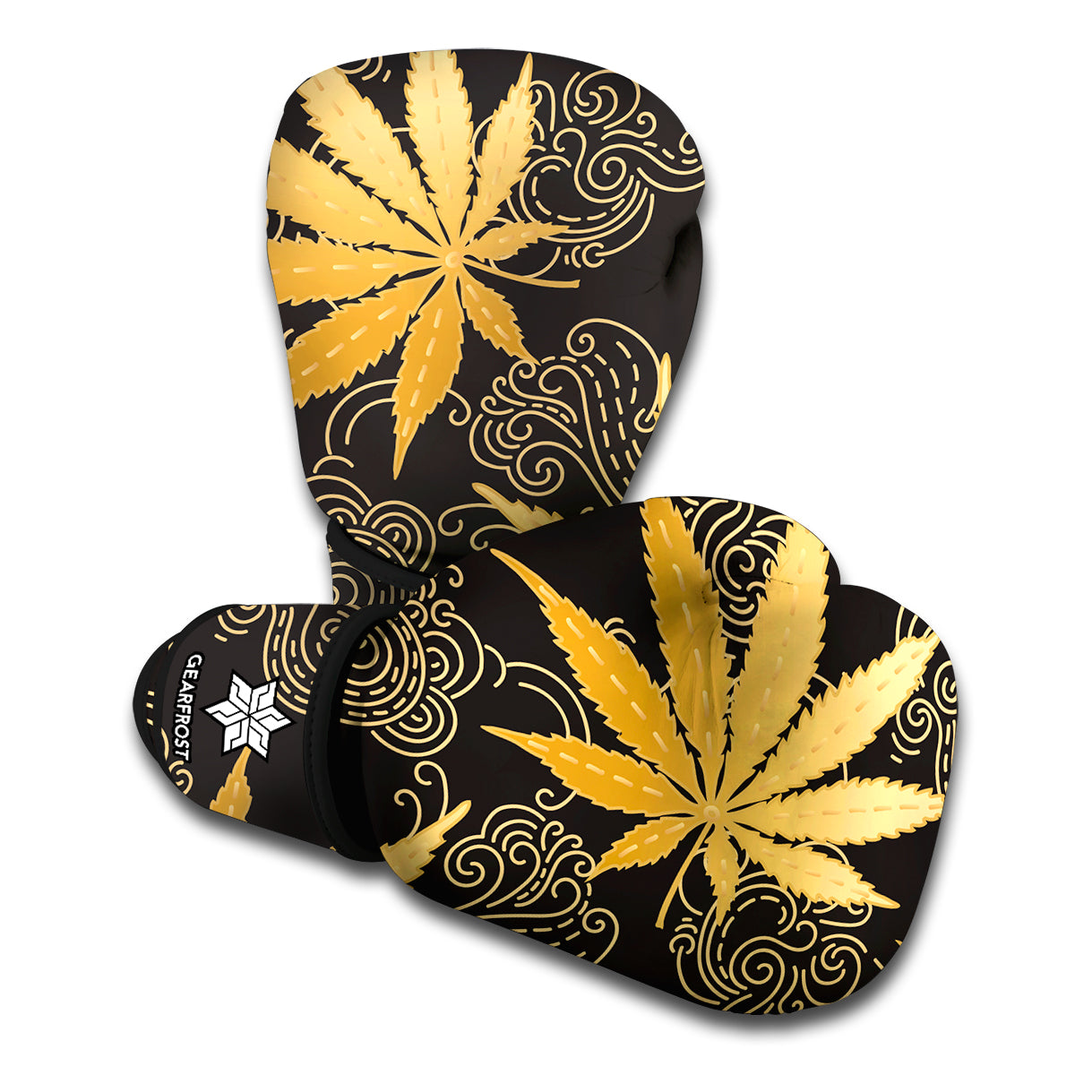 Gold Cannabis Leaf Pattern Print Boxing Gloves