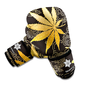 Gold Cannabis Leaf Pattern Print Boxing Gloves