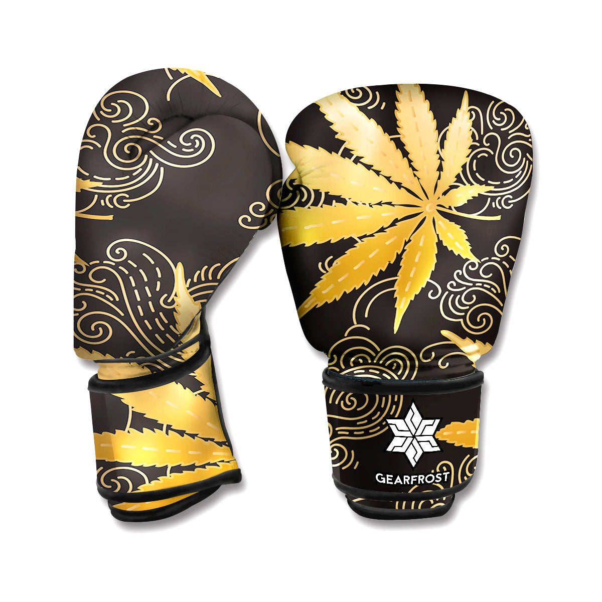 Gold Cannabis Leaf Pattern Print Boxing Gloves