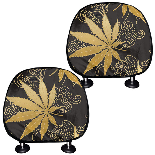 Gold Cannabis Leaf Pattern Print Car Headrest Covers