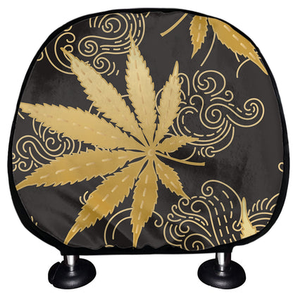 Gold Cannabis Leaf Pattern Print Car Headrest Covers