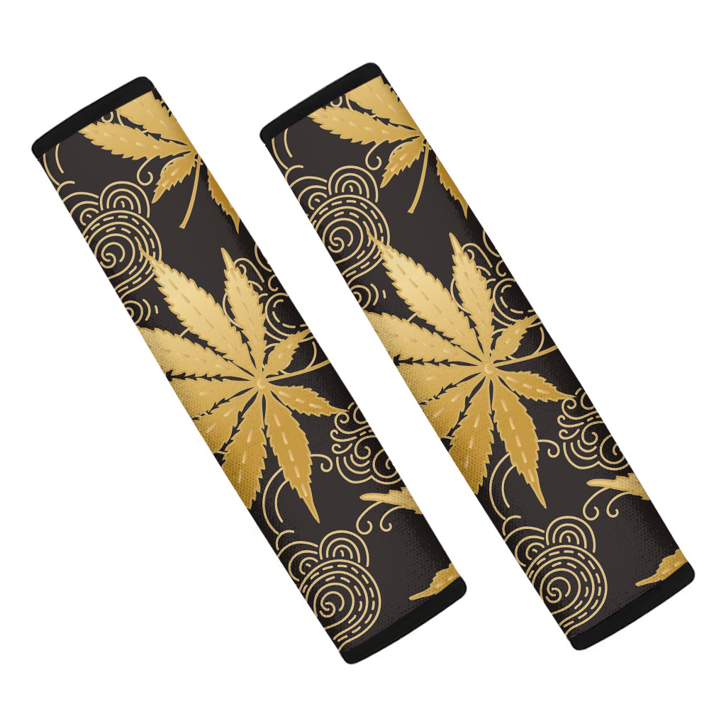 Gold Cannabis Leaf Pattern Print Car Seat Belt Covers