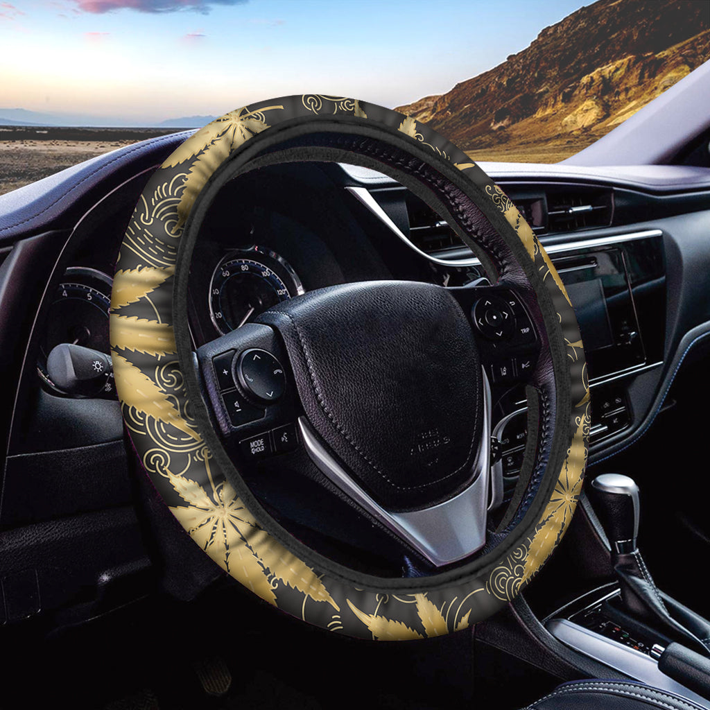 Gold Cannabis Leaf Pattern Print Car Steering Wheel Cover