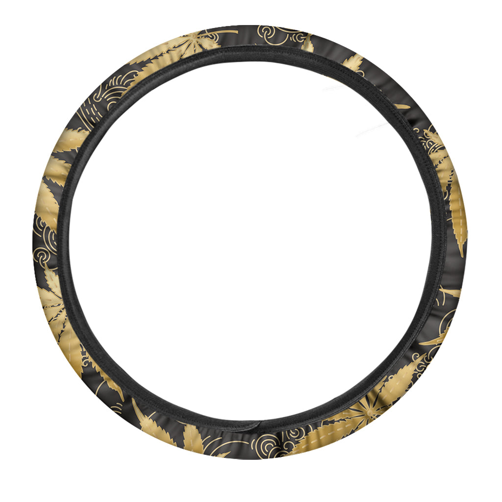 Gold Cannabis Leaf Pattern Print Car Steering Wheel Cover