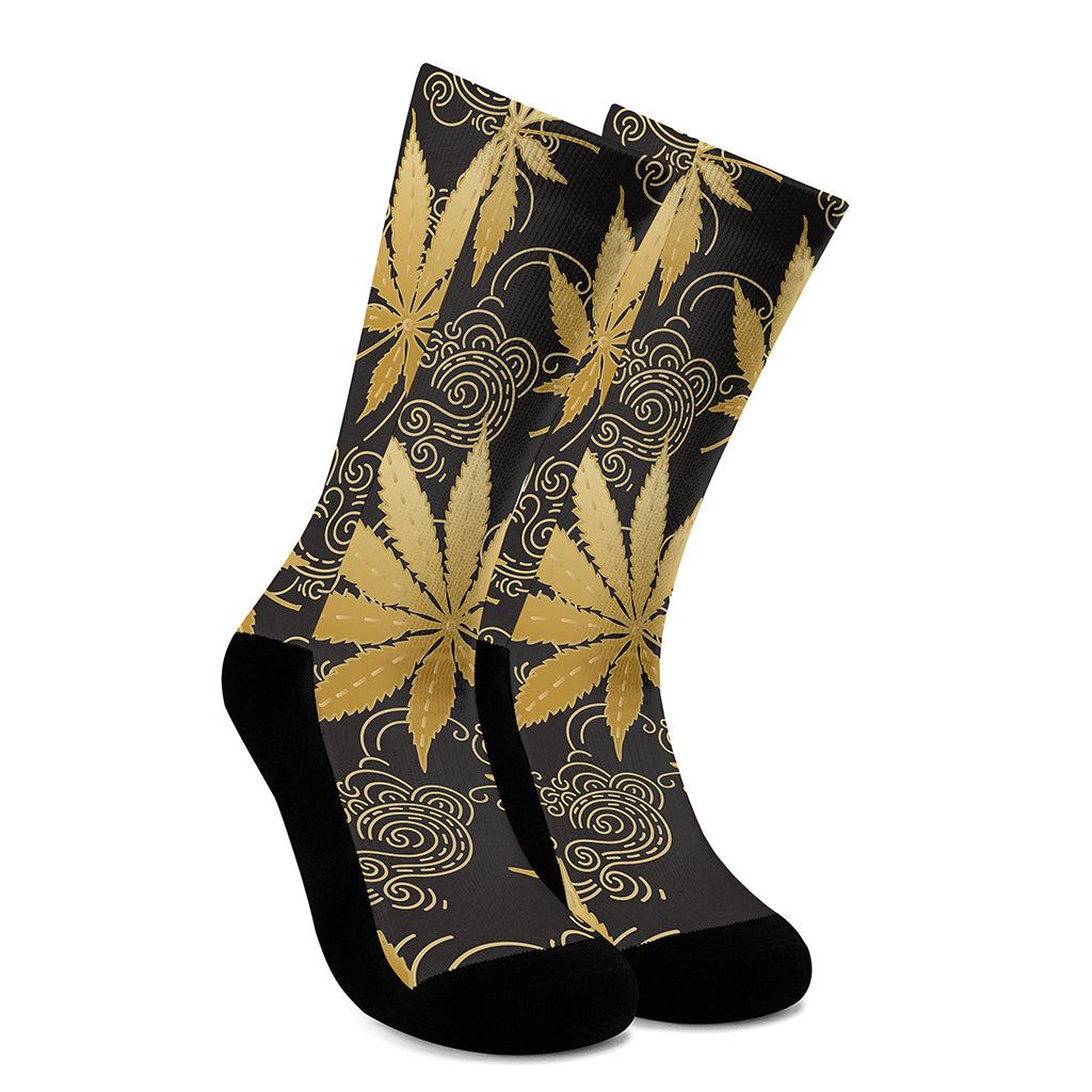 Gold Cannabis Leaf Pattern Print Crew Socks