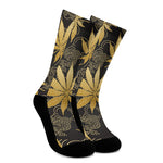 Gold Cannabis Leaf Pattern Print Crew Socks