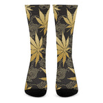Gold Cannabis Leaf Pattern Print Crew Socks