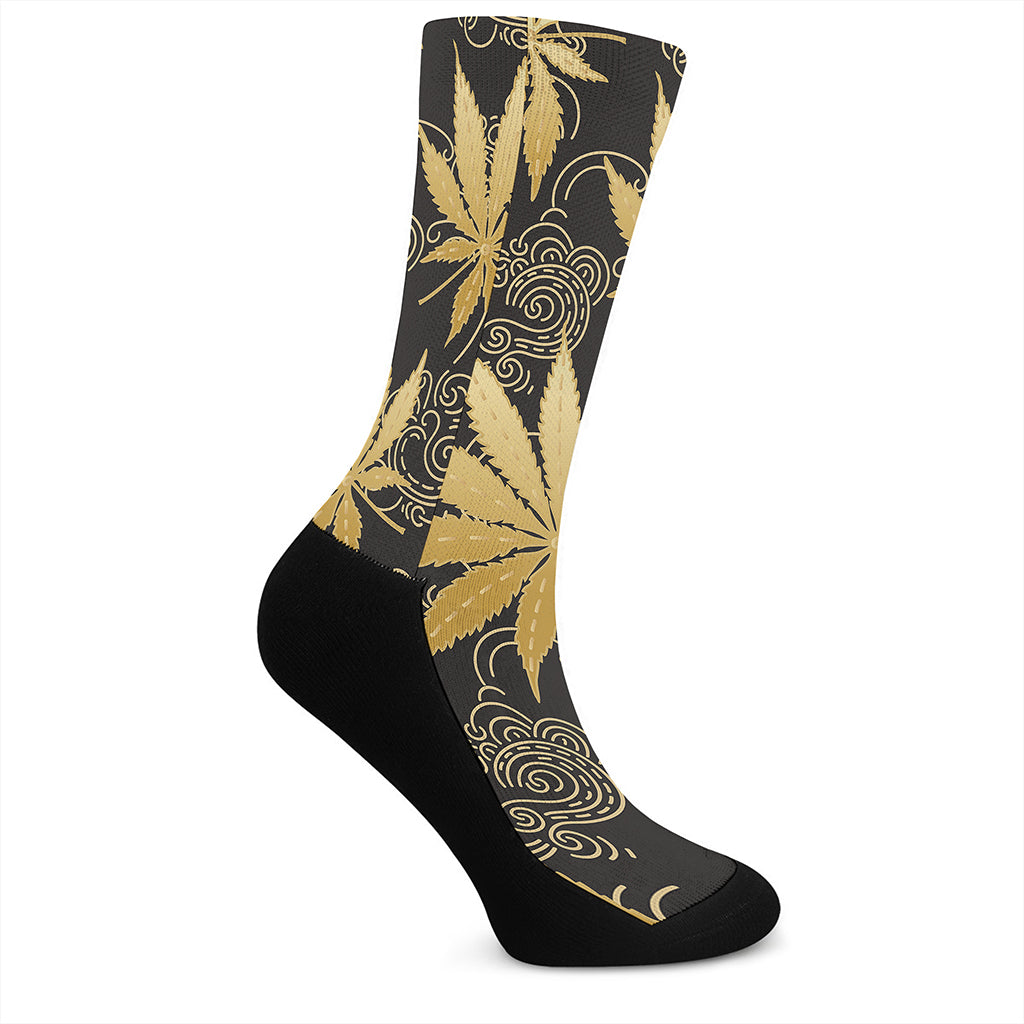 Gold Cannabis Leaf Pattern Print Crew Socks